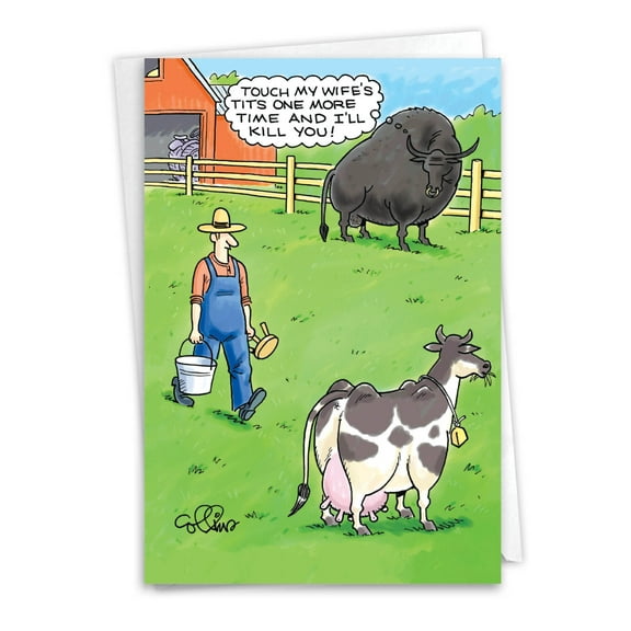 Hilarious Birthday Greeting Card with 5 x 7 Inch Envelope - Jealous Bull - Bull Looking at Farmer Approaching Cow