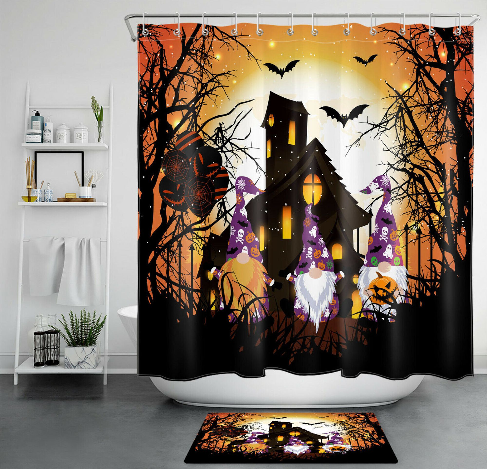 Hilarious Haunted House Gnomes Shower Curtain Spooky Bathroom Decor