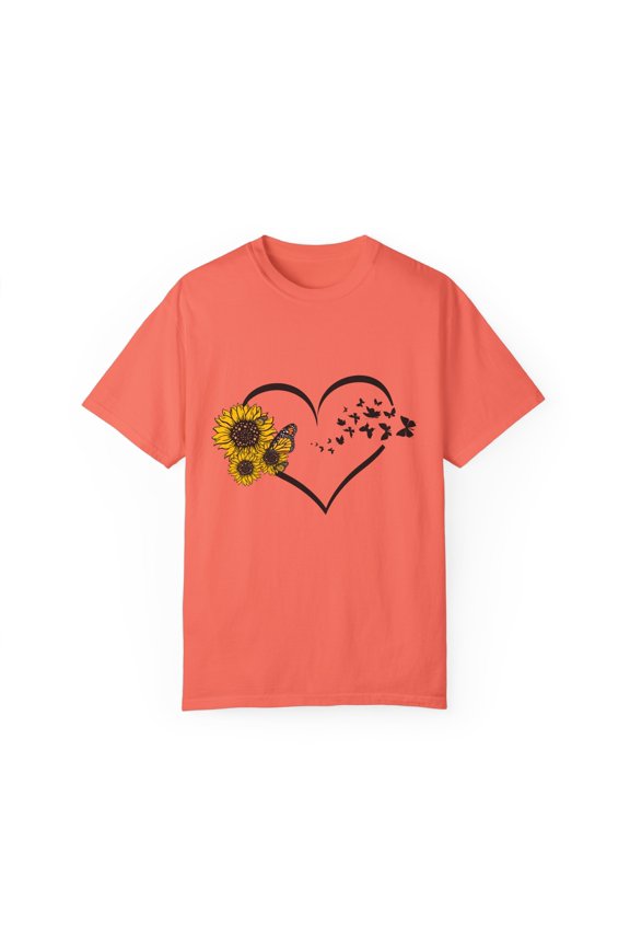 Hilarious Sunflower Heart Butterflies Bohemian Enthusiast Humorous Hippy Flower Environment Biodiversity Unisex Garment-Dyed T-shirt