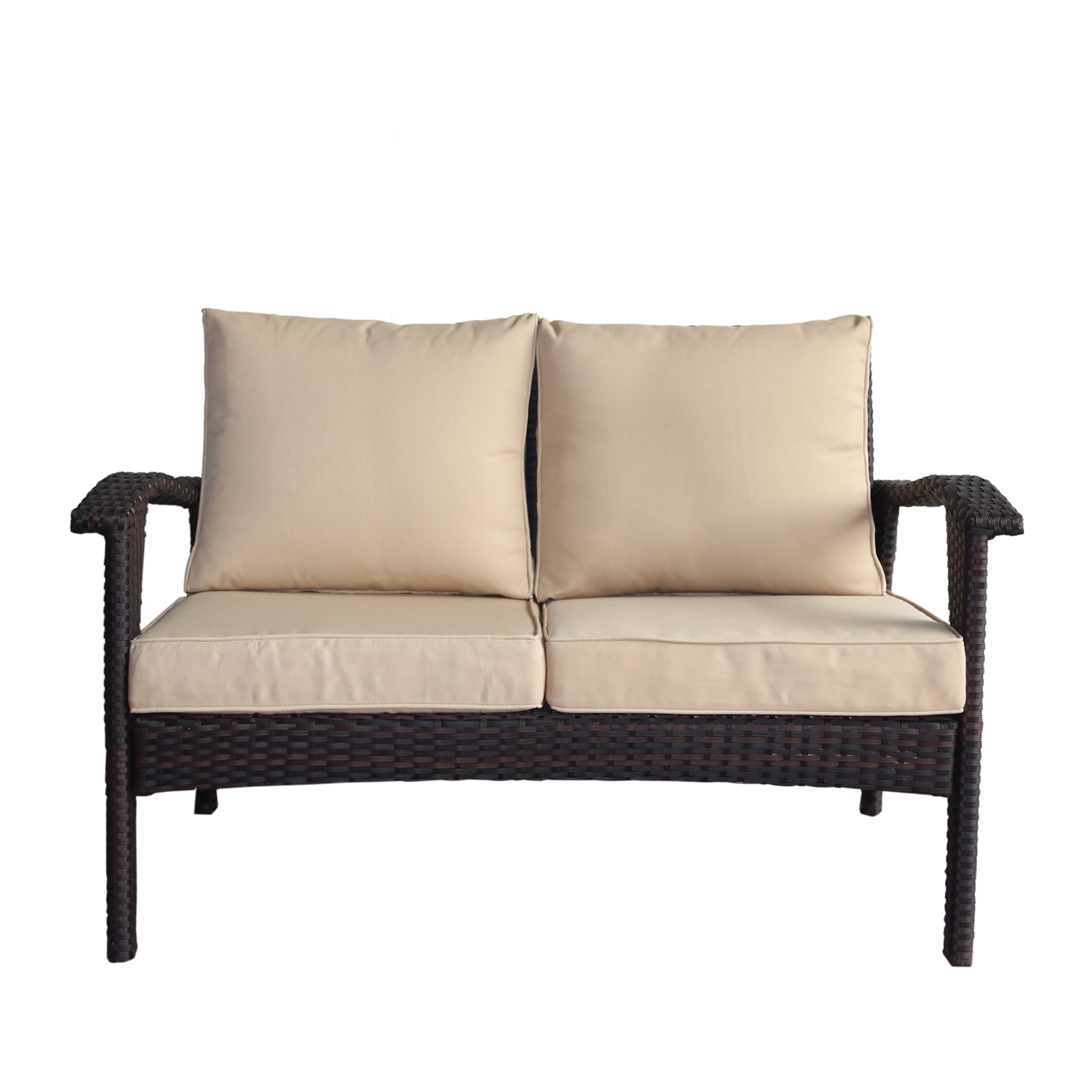 Hilary Outdoor Wicker Loveseat with Weather Resistant Cushions Brown and Tan