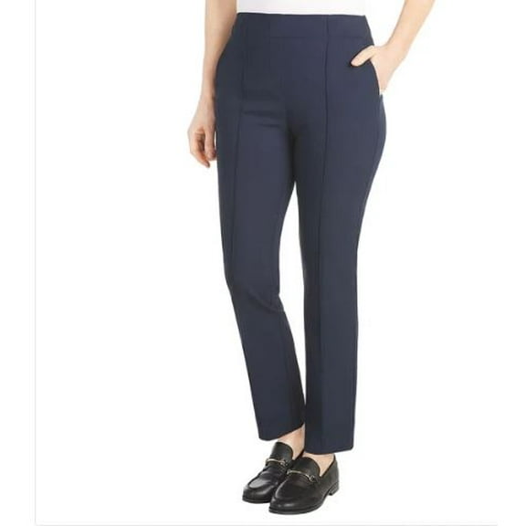 Hilary Radley Women's High Rise Tummy Control Pintuck Pull-On Slim Dress Pants (Navy, XL)