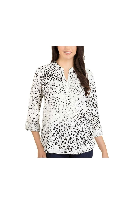 Ladies' Roll-Sleeve Blouse, Off White/Black, Large - NEW
