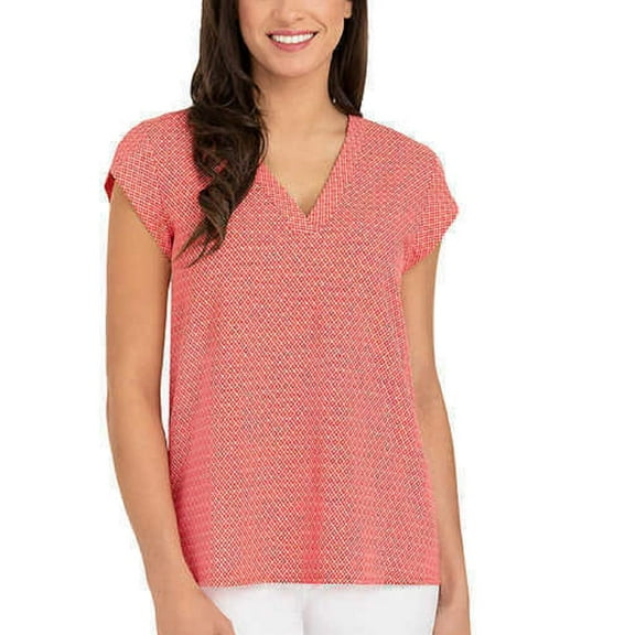 Hilary Radley Printed Short Sleeve Blouse (Medium, Poppy)
