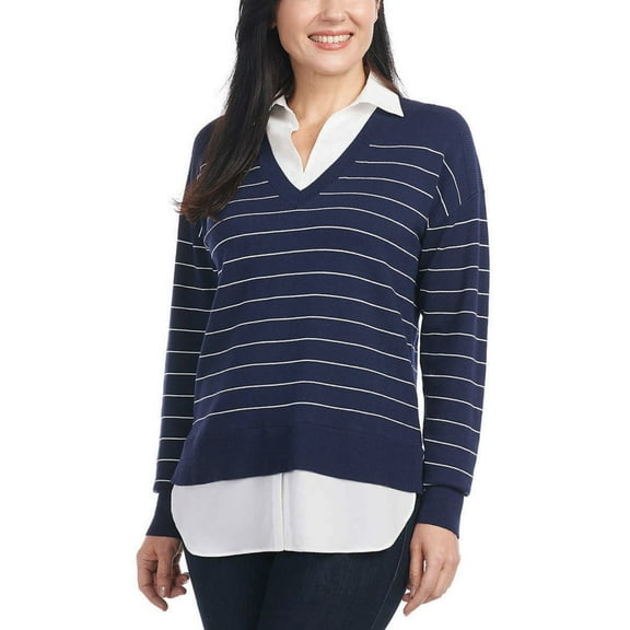Hilary Radley Women's Collared V-Neck Soft 2-fer Sweater (Blue, XL, 611030)