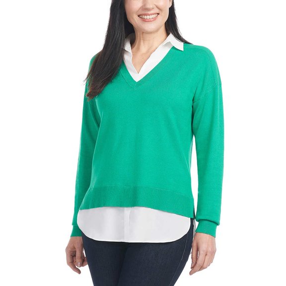 Hilary Radley Women's Collared V-Neck Soft 2-fer Sweater (Green, M, 611030)
