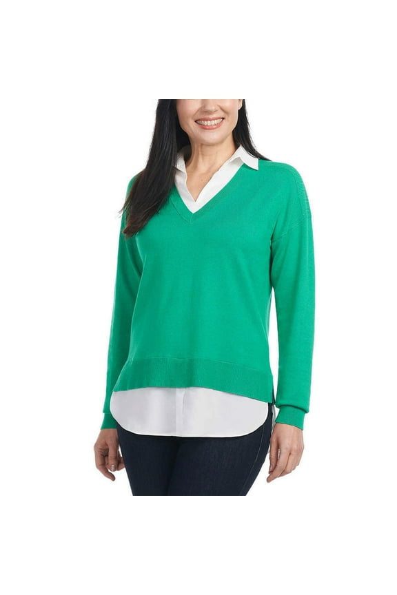 Women's Collared V-Neck Soft 2-fer Sweater (Green, S, 611030)