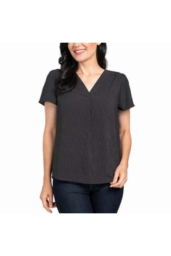 Women's Dot Print V-neck Flare Short Sleeves Relaxed Fit Top Blouse-Black / S