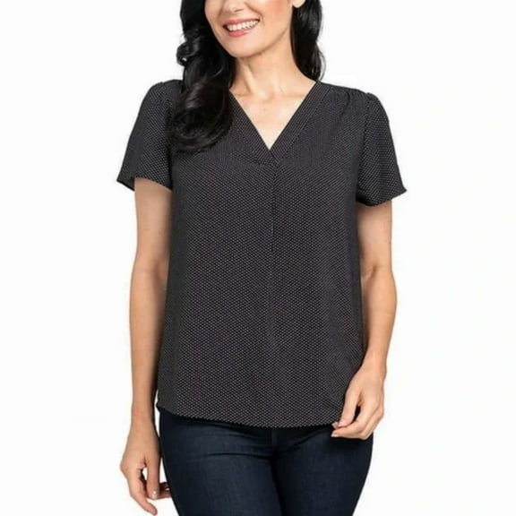 Hilary Radley Women's Dot Print V-neck Flare Short Sleeves Relaxed Fit Top Blouse-Black / XL