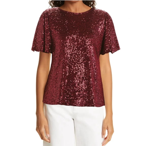 Hilary Radley Women's Flutter Sleave Keyhole Back Sequin Blouse Top-Red / M