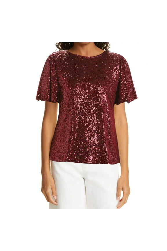Women's Flutter Sleave Keyhole Back Sequin Blouse Top-Red / S