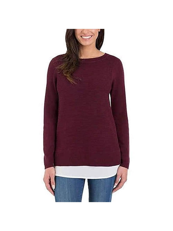 Women's Long Sleeve 2-fer Two-Fer Sweater, Wine, Small - NEW
