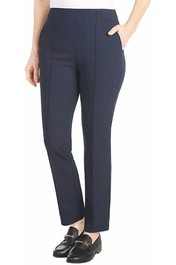 Women's High Rise Tummy Control Pintuck Pull-On Slim Dress Pants (Navy, S)