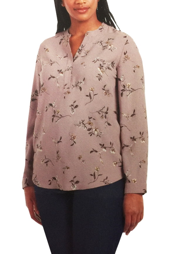 Women's Printed Long Sleeve Blouse Top, Pink Floral/Mauve Bronze, Medium