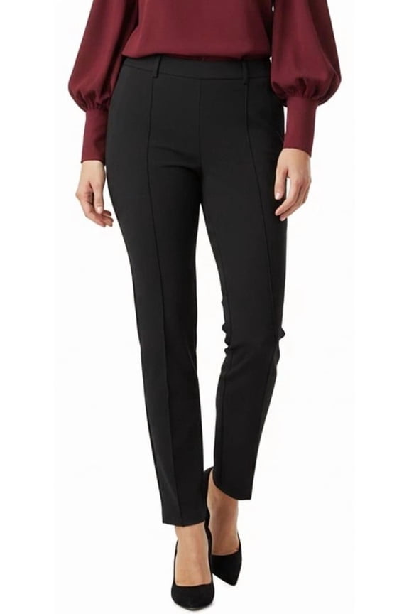 Women's Mid Rise Pull on Pants Slim Leg Tummy Control, Black, Size L
