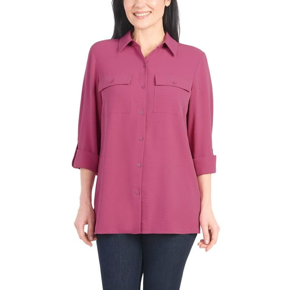 Hilary Radley Women's Roll Tab Sleeve Blouse, Button Down, Long Sleeve, Crinkle Top with Chest Pockets (US, Alpha, Medium, Regular, Regular, Dark Pink)