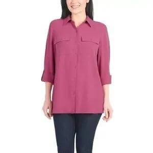 Hilary Radley Women's Roll Tab Sleeve Blouse, Button Down, Long Sleeve, Crinkle Top with Chest Pockets (US, Alpha, X-Large, Regular, Regular, Dark Pink)
