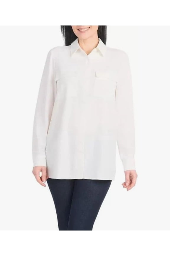 Hilary Radley Women's Roll Tab Sleeve Blouse with Chest Pockets-Small