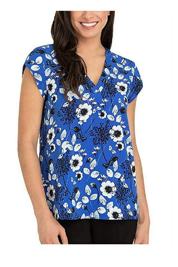 Women's Short Sleeve Blouse, Cobalt Ivory Floral, Medium - NEW