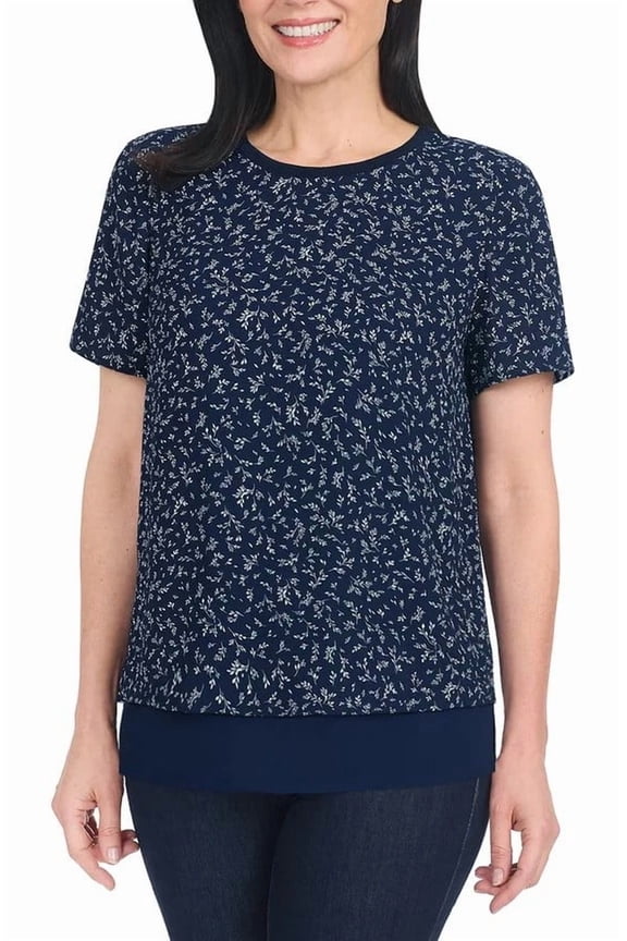 Women's Short Sleeve Double Layer Blouse, Navy Combo, Size L