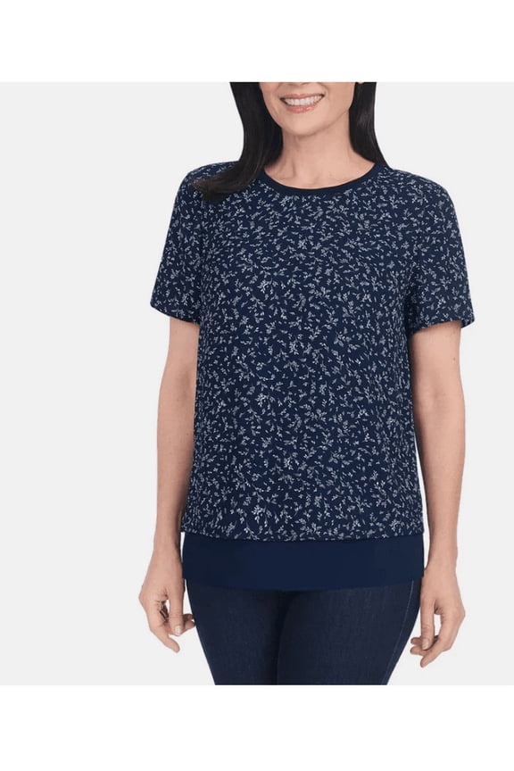 Women's Short Sleeve Double Layer Blouse, Navy, Small