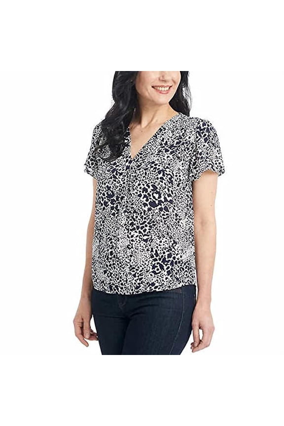 Women's Short Sleeve Printed Blouse (Off-White/Navy, Small)