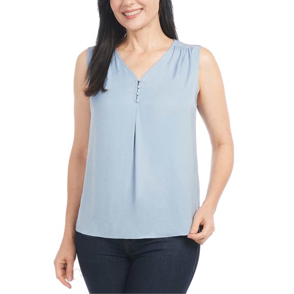 Hilary Radley Women's Sleeveless V-Neck Lightweight Blouse Top-Blue / XXL