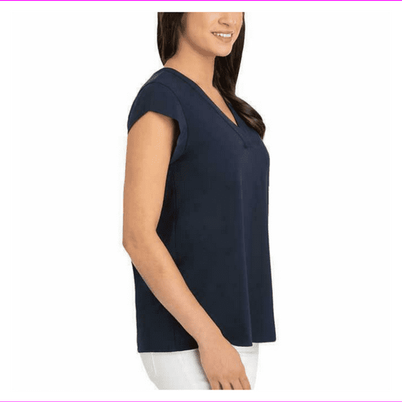 Hilary Radley Women's Slight pleat on back neckline V-Neck Cap Sleeve Top S/Navy