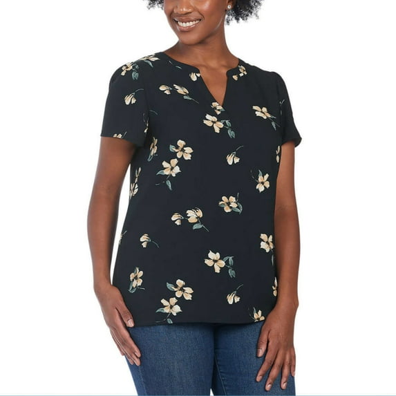 Hilary Radley Women's V-Neck Flutter Sleeves Lightweight Floral Print Blouse Top-Navy / S