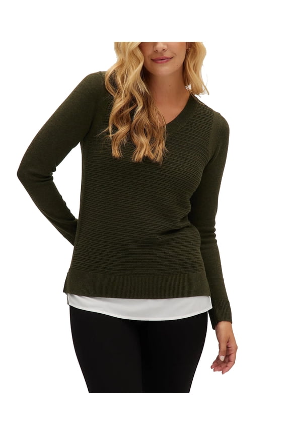 Women's V Neck Layered 2fer Sweater (Olive, Medium)