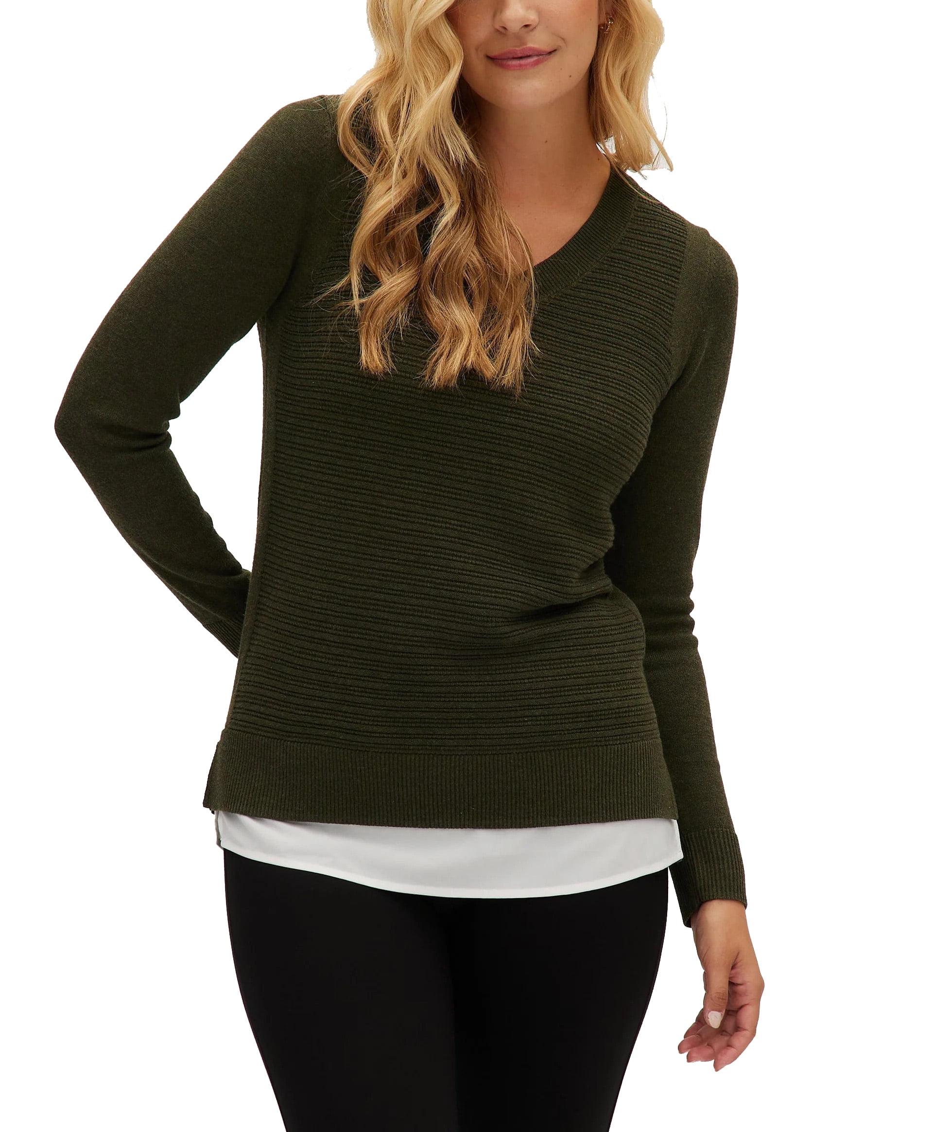 Hilary Radley Women s V Neck Layered 2fer Sweater Olive Medium