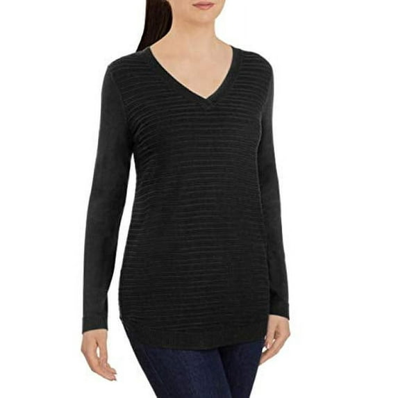 Hilary Radley Women's V-Neck Long Sleeve Sweater (Black, Large)