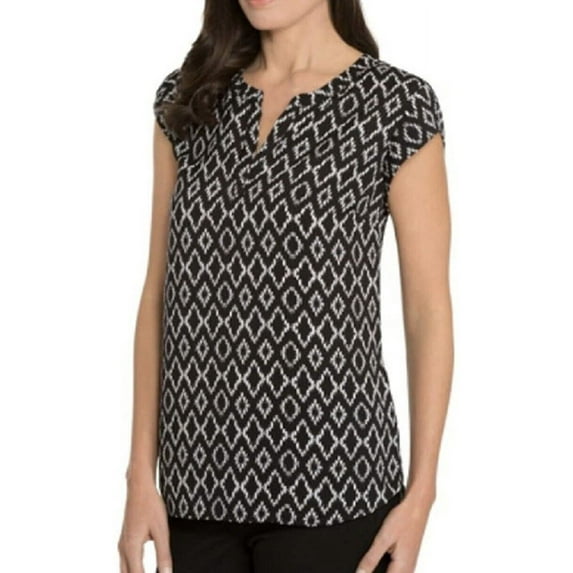 Hilary Radley Women's V-Neck Short Sleeve Blouse Size: M, Color: Black/White Geometric
