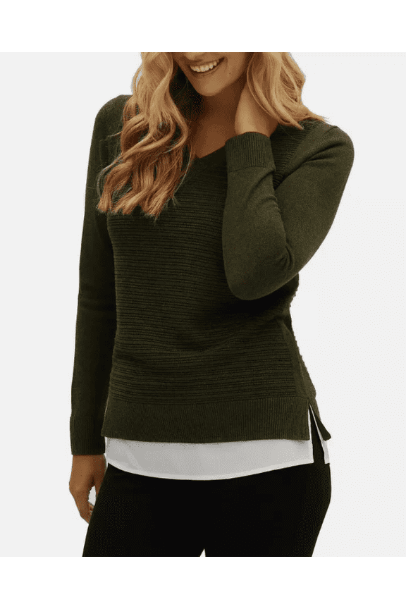 Women's V Neck Two Fer Layered Sweater Olive XS