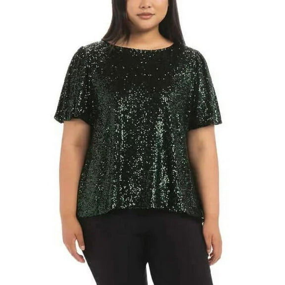 Hilary Radley Womens Short Sleeve Sequin Top Size: L, Color: Forest Green