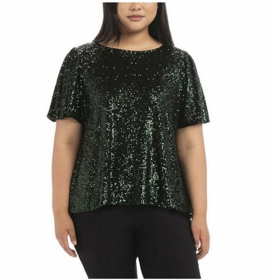 Hilary Radley Womens Short Sleeve Sequin Top Size: M, Color: Forest Green