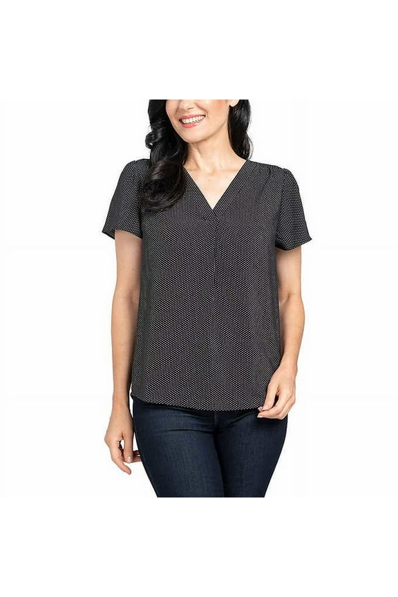 Womens V-Neck Blouse,Black And Off White Dot,2X
