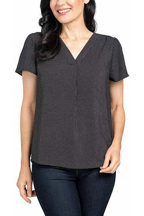 Womens V-Neck Printed Blouse Size: M, Color: Black & Off-White Dot