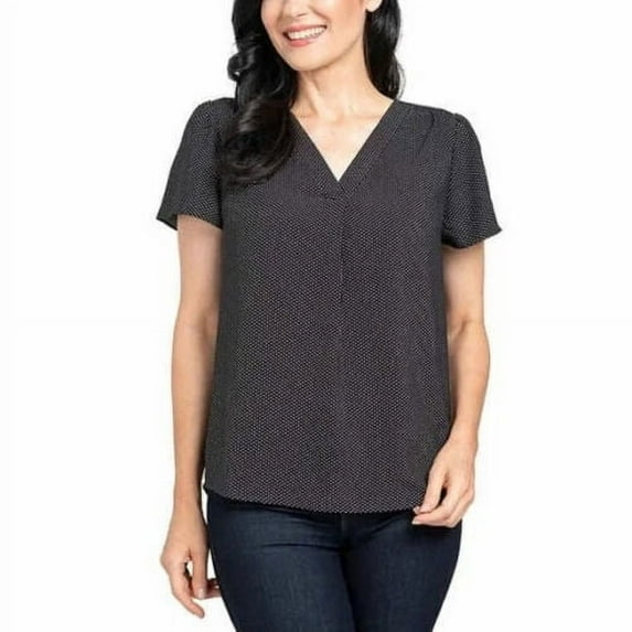 Hilary Radley Womens V-Neck Printed Blouse Size: XL, Color: Black & Off-White Dot