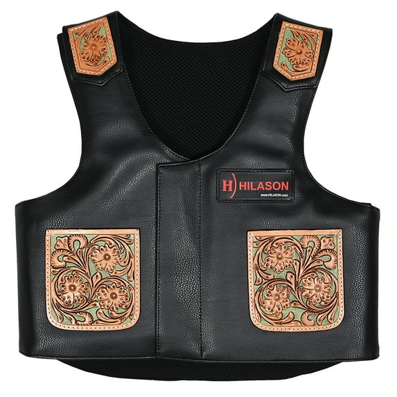 Hilason Bull Riding Kids Junior Youth Pro Rodeo Genuine Leather Vest With Floral Hand Carved