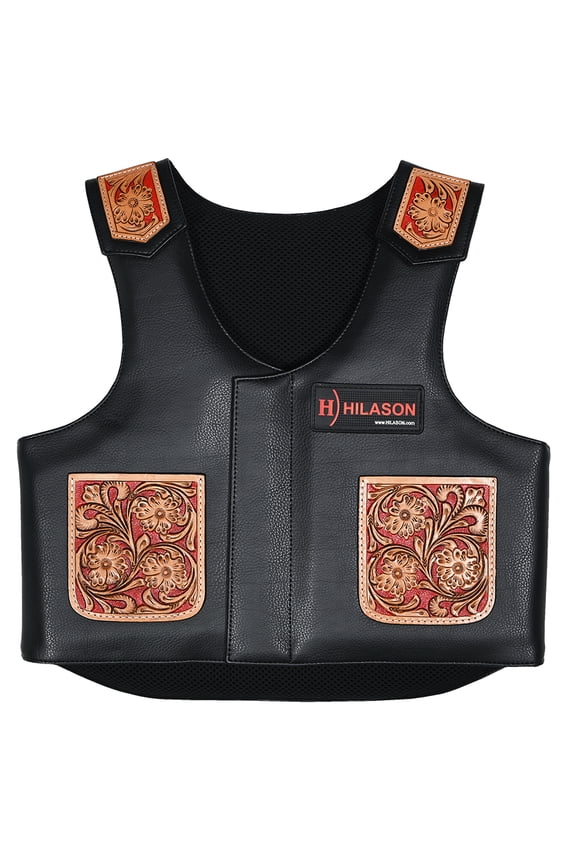 Bull Riding Kids Junior Youth Pro Rodeo Genuine Leather Vest With Floral Hand Carved
