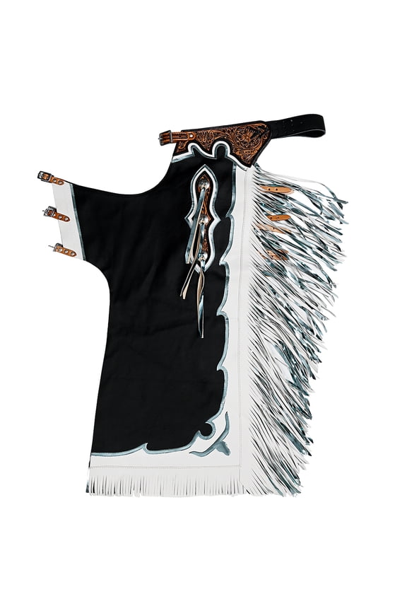 Hand-Tooled Bull Riding Rodeo Chaps Black Leather Unisex Western