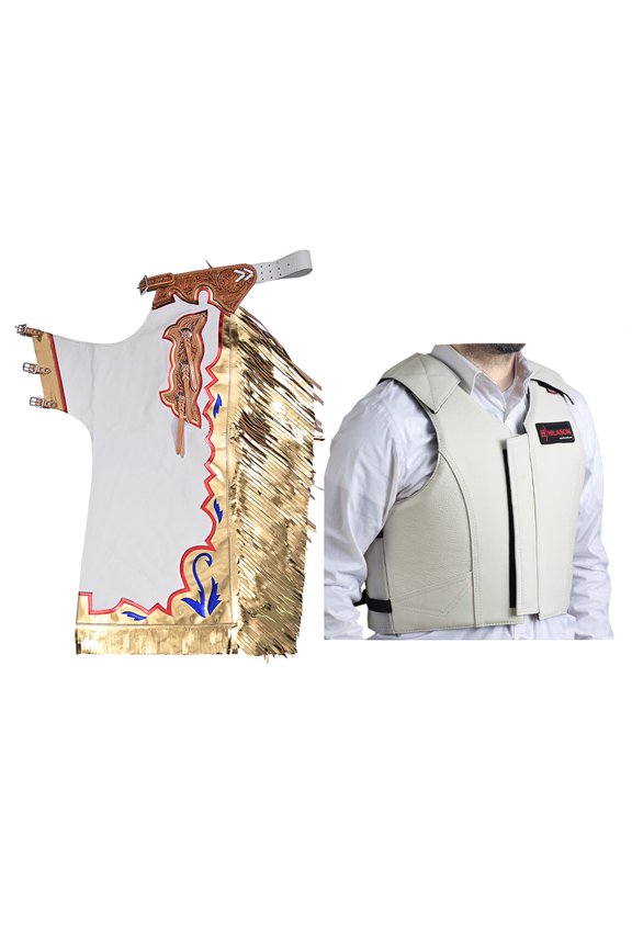 Western Horse Bull Riding Safety Leather Protective Vest & Rodeo Chaps Combo