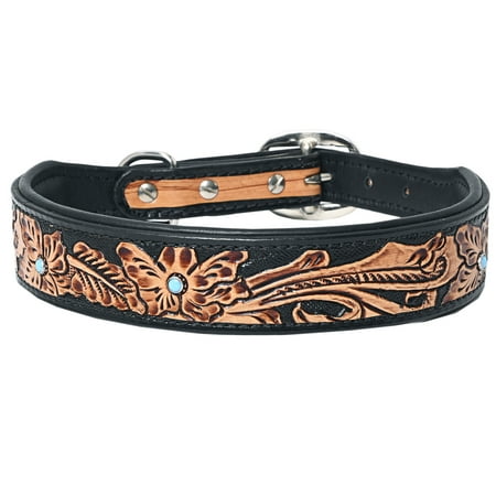 Hilason Floral Hand Tooled Strong Genuine Leather Dog Collar Black Medium