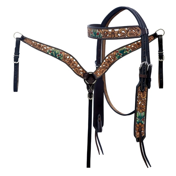 Hilason Horse Floral Hand Painted American Leather Breast Collar Headstall Cactus Brown