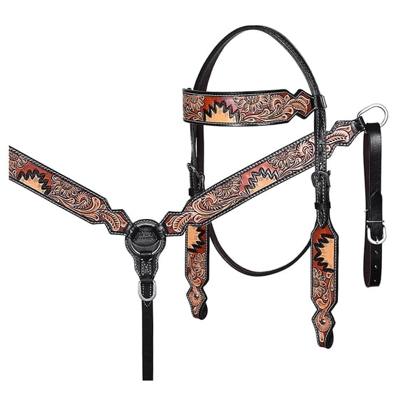 Hilason Horse Floral Hand Painted American Leather Breast Collar Headstall Dark Brown