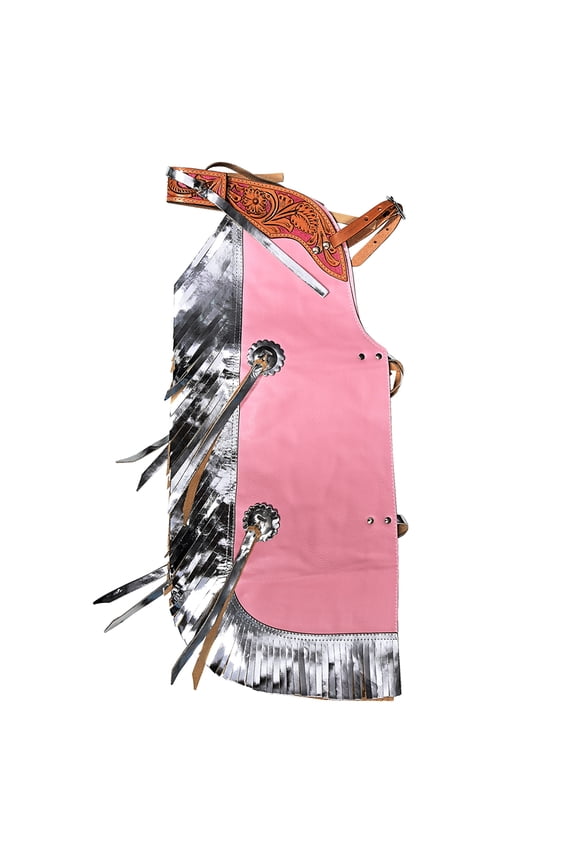 Pro Rodeo Bull Riding Chaps Western Leather kid Pink Silver Fringes