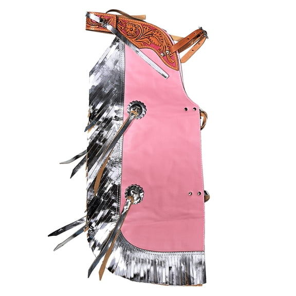 Hilason Pro Rodeo Bull Riding Chaps Western Leather kid Pink Silver Fringes