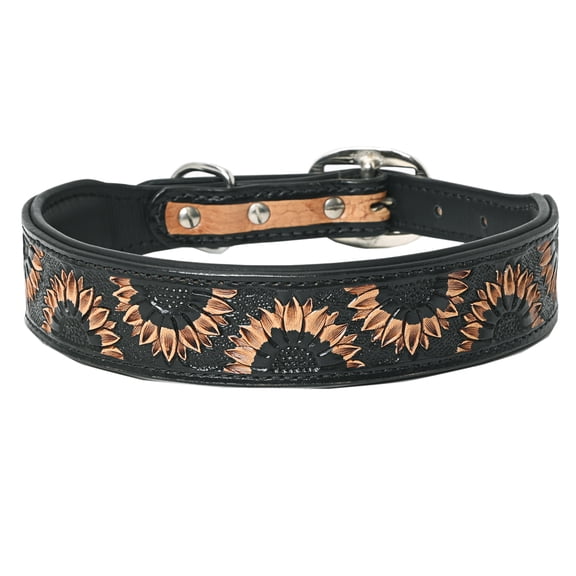Hilason Sunflower Floral Hand Tooled Strong Genuine Leather Dog Collar Black Large
