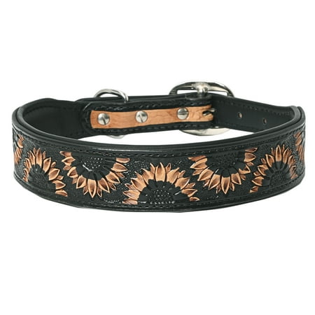Hilason Sunflower Floral Hand Tooled Strong Genuine Leather Dog Collar Black X-Small