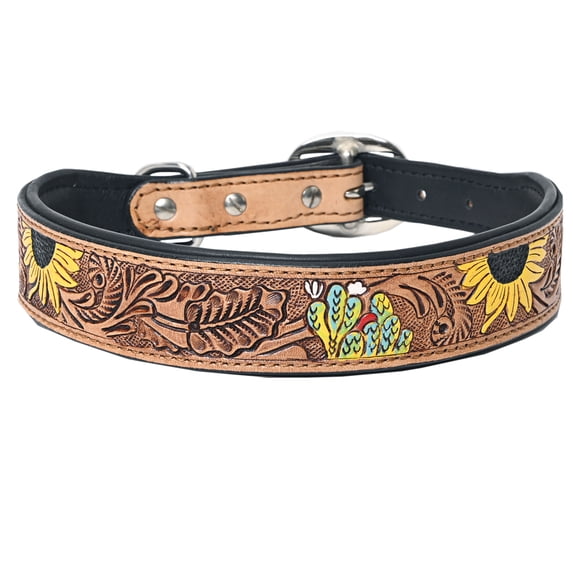 Hilason Sunflower Floral Hand Tooled Strong Genuine Leather Dog Collar Brown X-Small